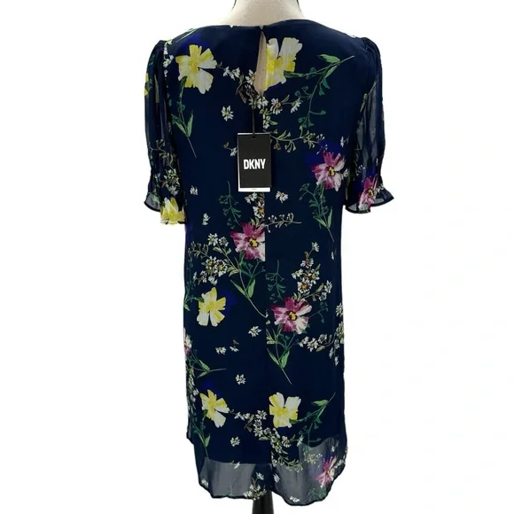 DKNY Short Sleeve Floral Print Midi Dress - Navy Blue - size 4